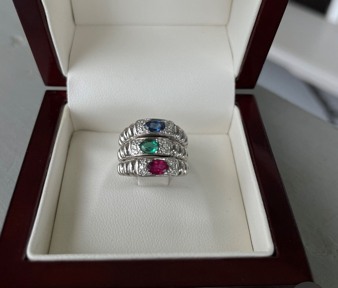 PEPI 14k White Gold Trio with Diamonds Ruby Sapphire and Emerald ring set