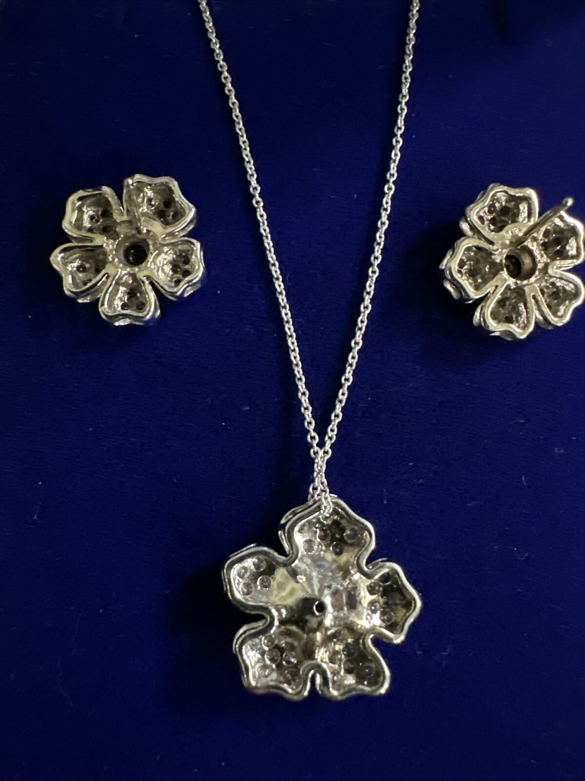 Estate 14k White Gold Flower Sapphire Diamond Pendant & Earrings 8.8grams