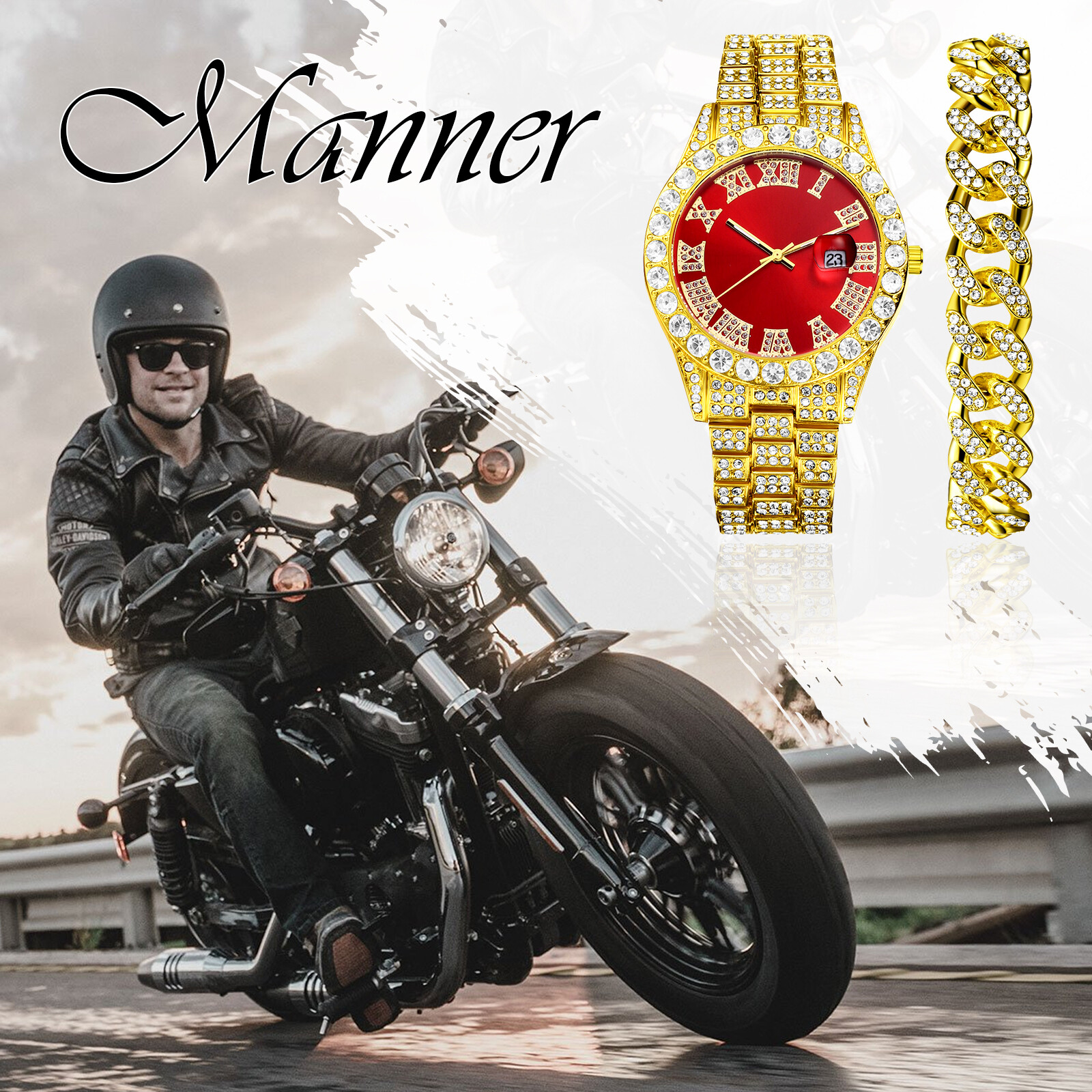 Hip Hop Men CZ Iced Round Stainless Steel Date Quartz Wrist Watch Cuban Bracelet