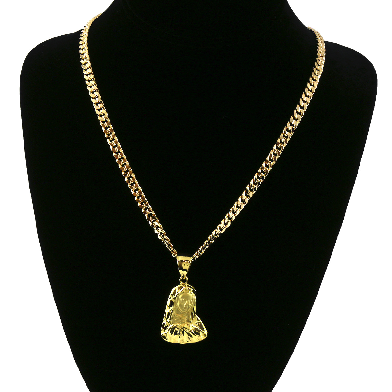 Mens 18k Gold Plated Virgin Mary /Star Pendant 5mm 24″ Cuban Necklace Chain