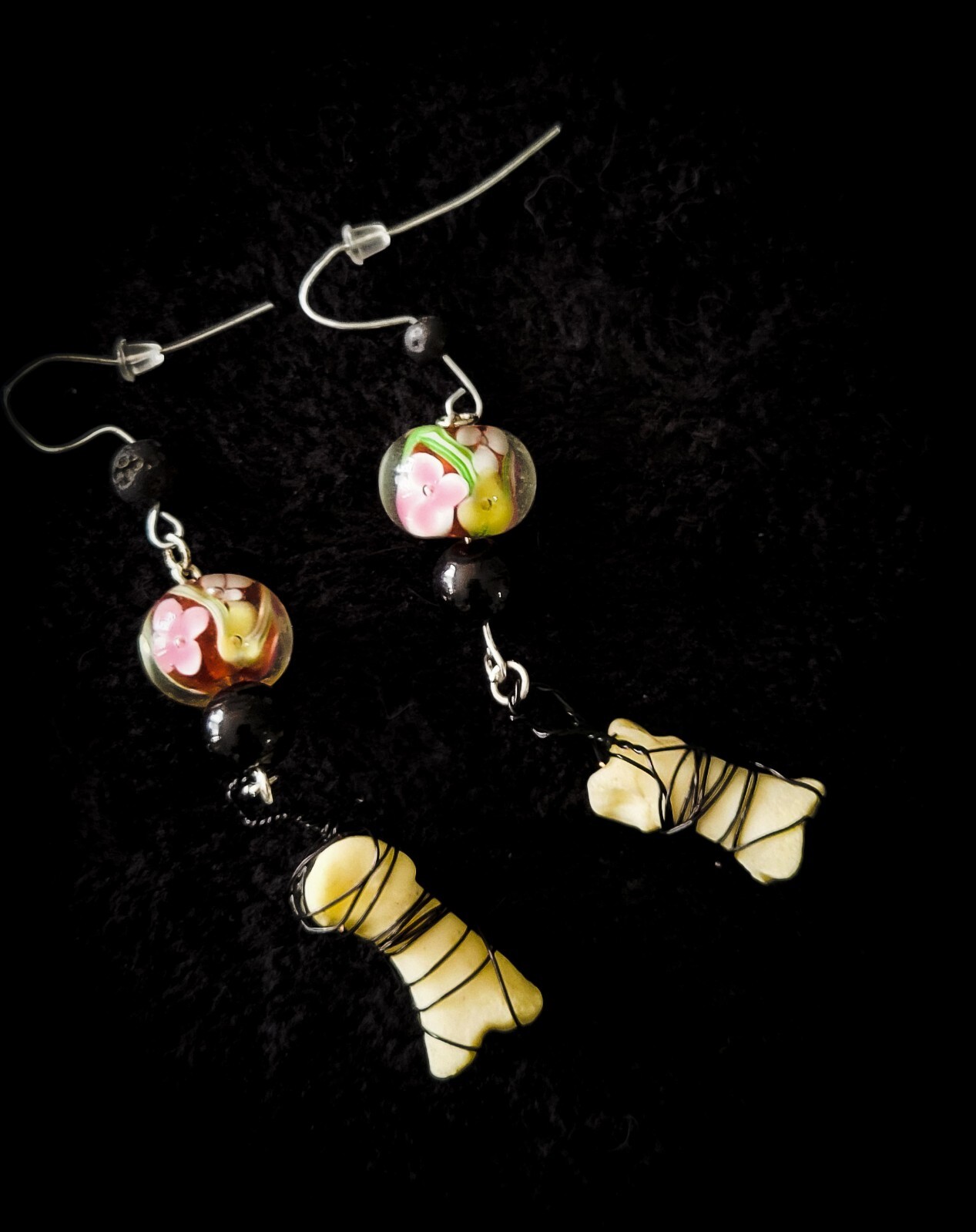 Handcrafted Necklace, Earring Set- Upcycled Vintage Beads, Animal Bones, Quartz