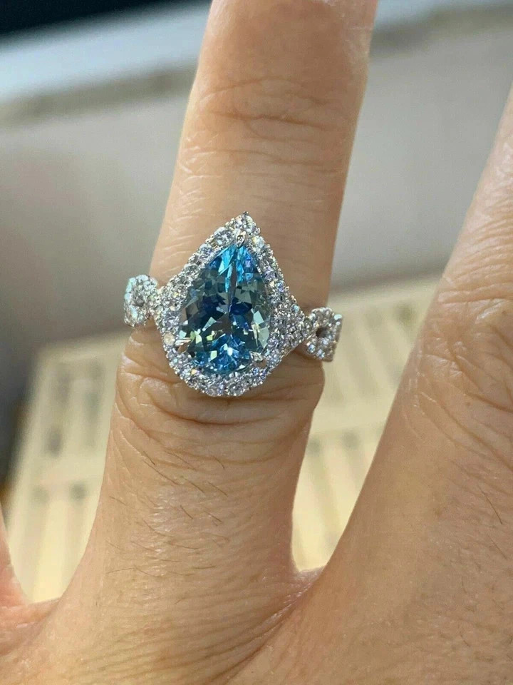 2.50Ct Pear Cut Natural Aquamarine Diamond Wedding Ring 14K White Gold Size 6 7