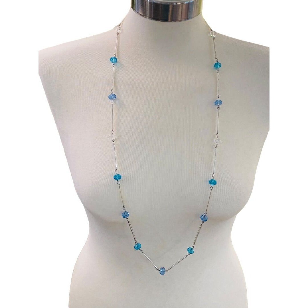 Silvertone Blue Aqua Beaded Overhead 36″ Strand String Necklace