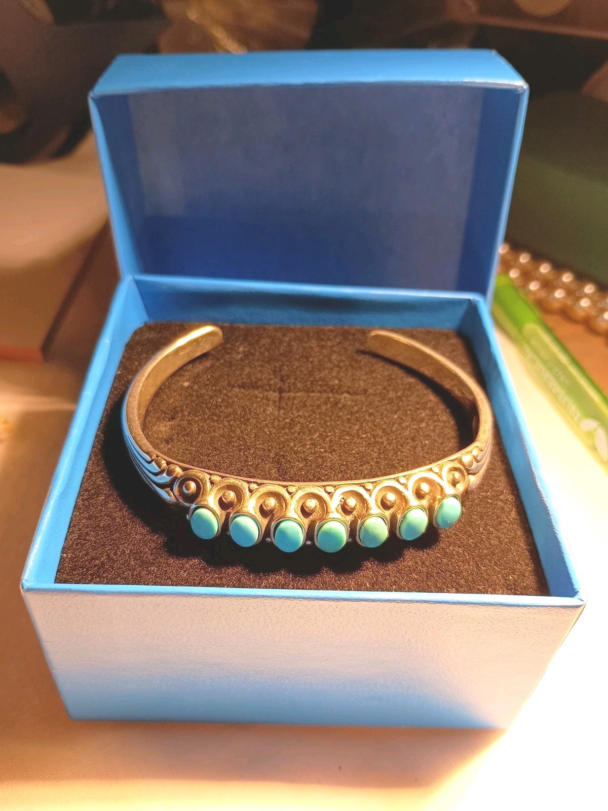 925 Sterling Silver WJ Vintage Turquoise Open Ended Row Cuff Bracelet! LOOK!!!
