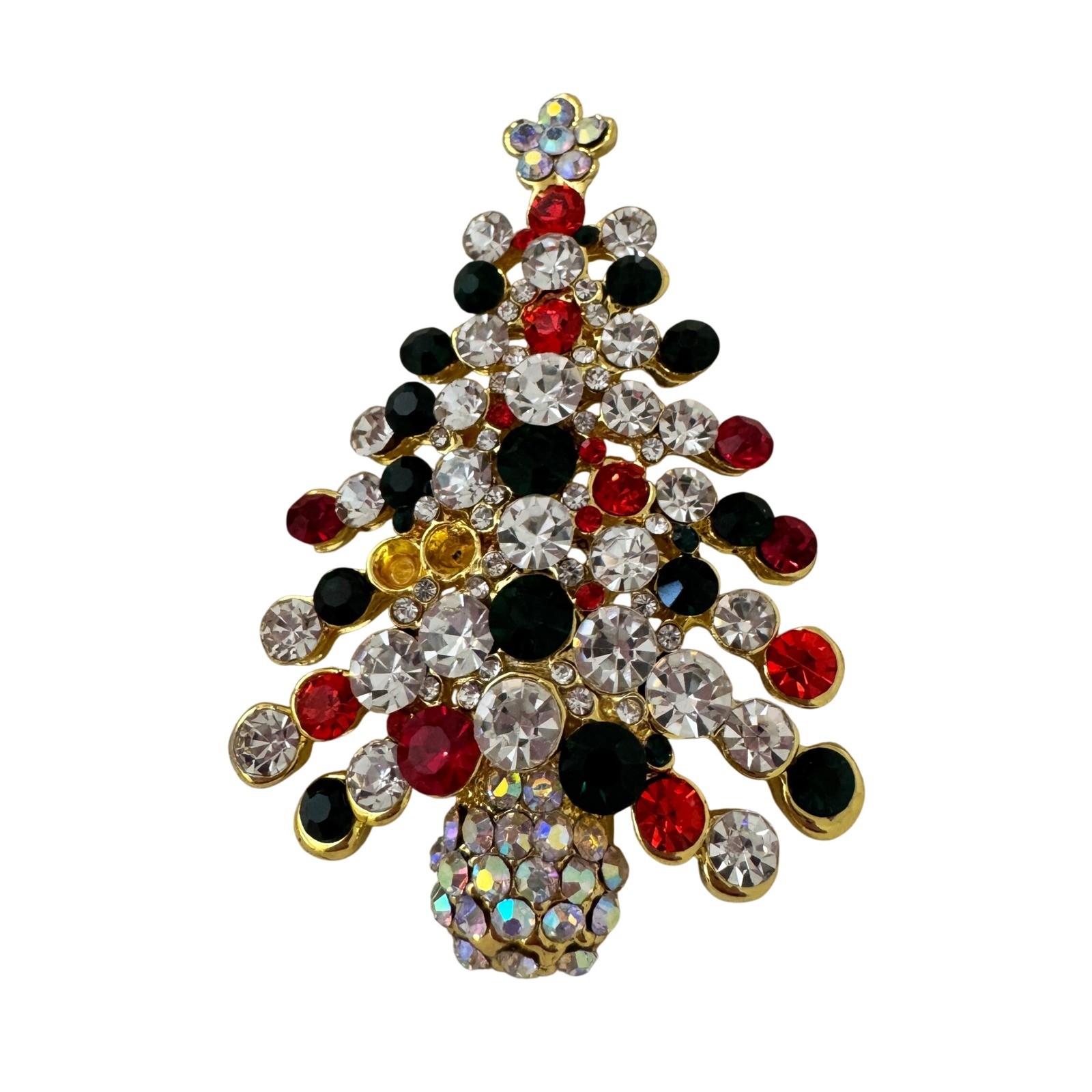 Christmas Tree Brooch Gold Tone Red Green Clear Crystal Holiday Pin Star Top