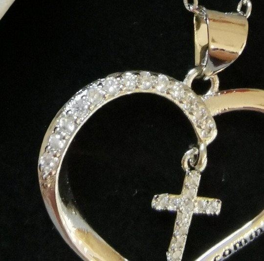 Holy Communion Diamante Heart & Cross Necklace, SALE