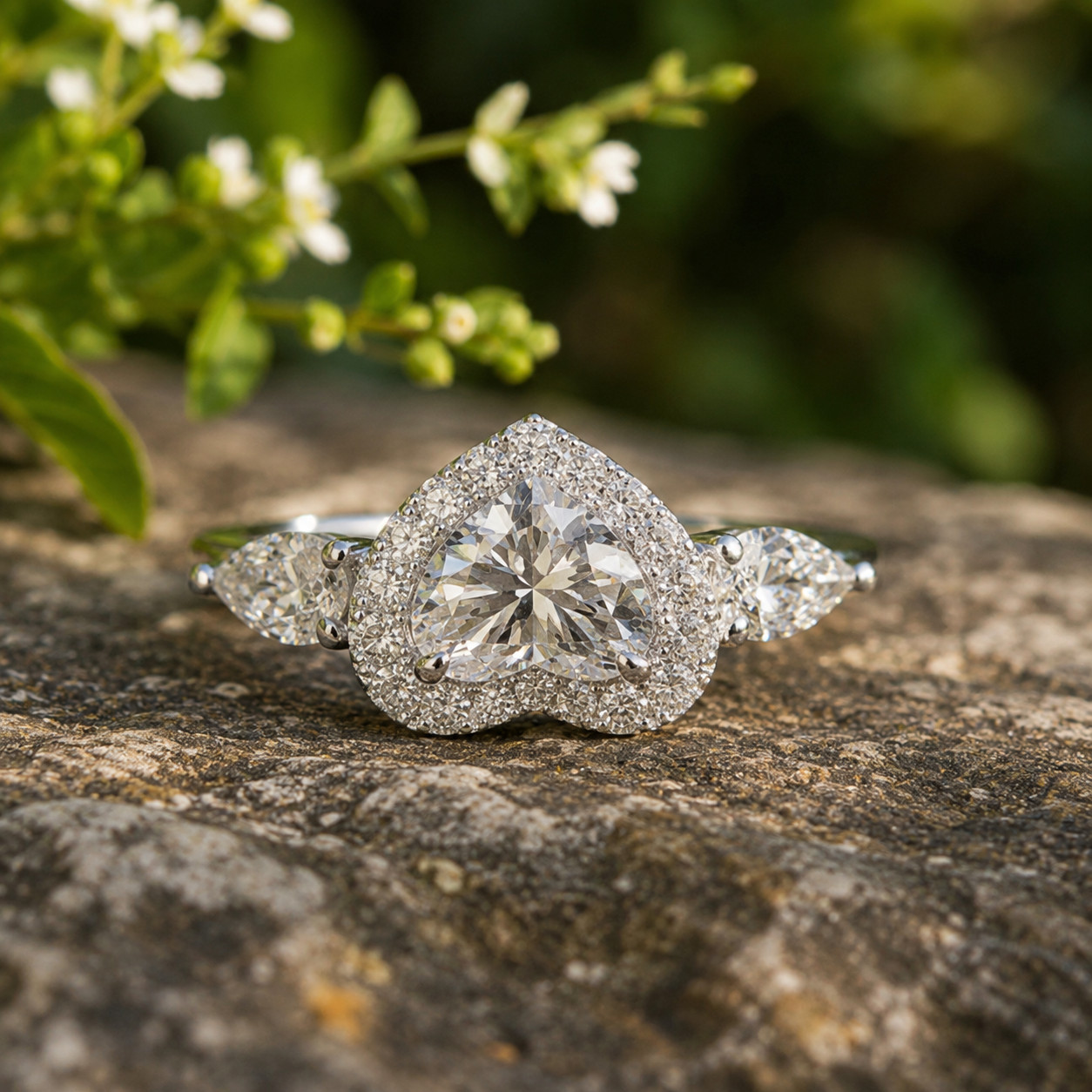 3Ct Heart Lab Created Diamond Halo Engagement Ring 14K White Gold Plated Silver