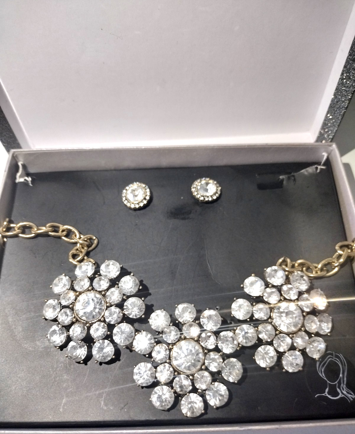 Women Necklace Earrings Set Rhinestone jewelery Necklace Gold Tone Flower NEW