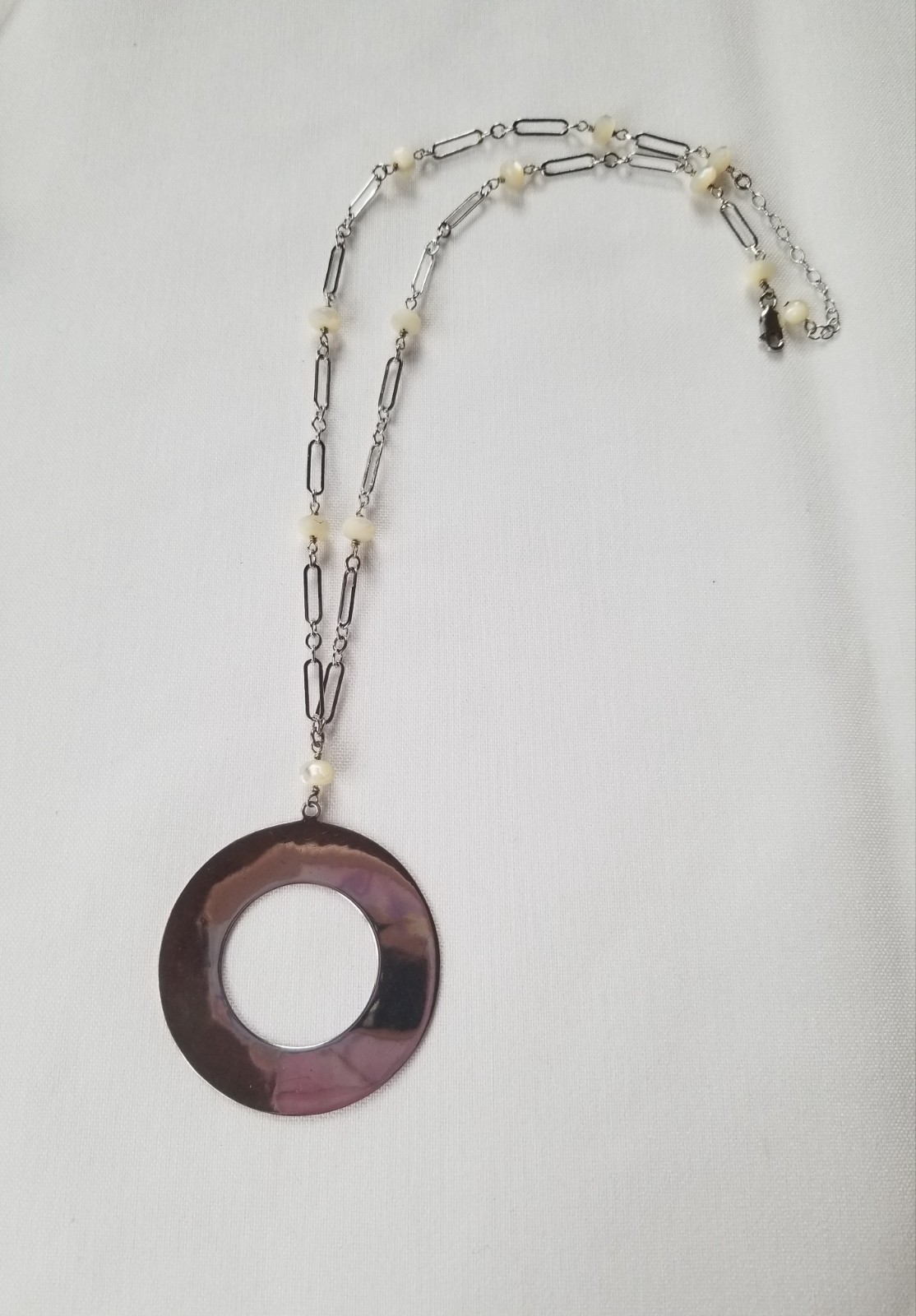 Sterling Silver Circle Pendant Necklace Paper Clip Chain White Quartz Italy 13g