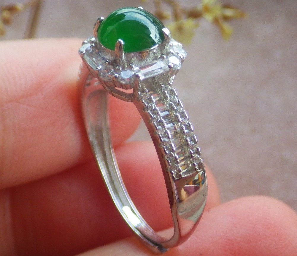 Video Sterling Silver 925 Green A Jade jadeite Cabochon Ring No 8 # 133622 VS