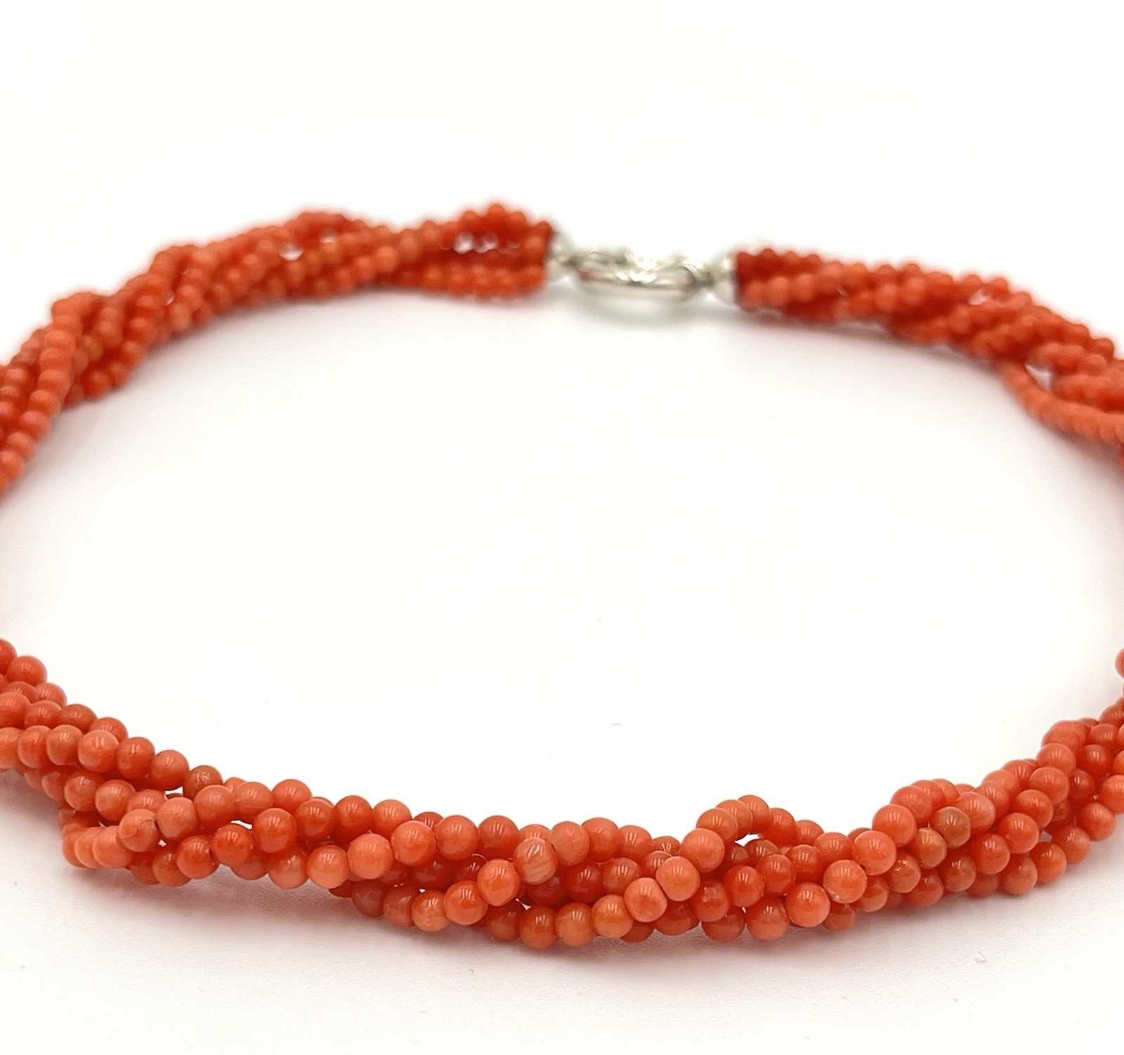 Natural Mediterranean Coral Necklace 5 Strands Tea Towel 925 Silver Made In Italy