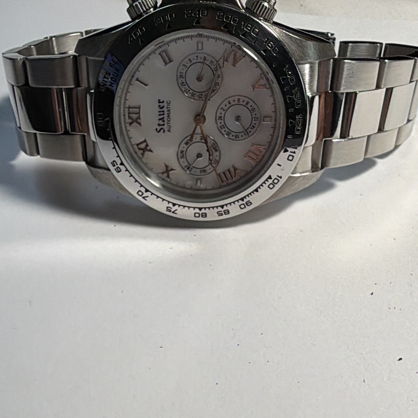 Stauer Automatic Silver/White Dial Roman/Stick Bracelet Tachymeter Day Date