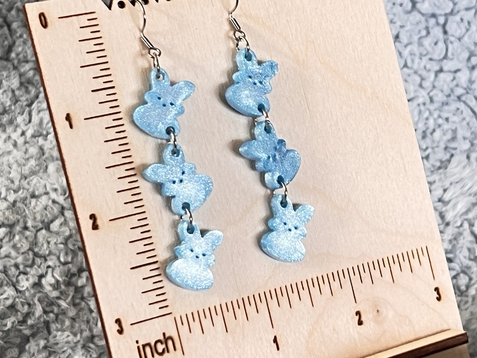 Handcrafted Blue Bunny Dangle Earrings Polymer Clay Animal Theme 2.8 in hook