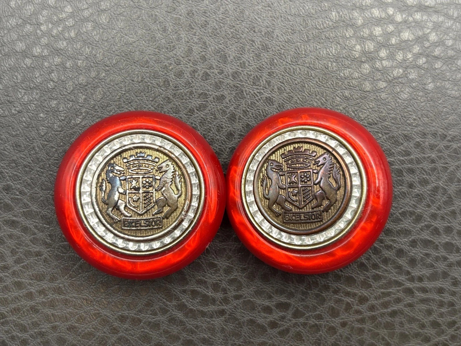 Vintage 80s Heraldic Coat of Arms Lion Shield Excelsior Rhinestone Red Earrings