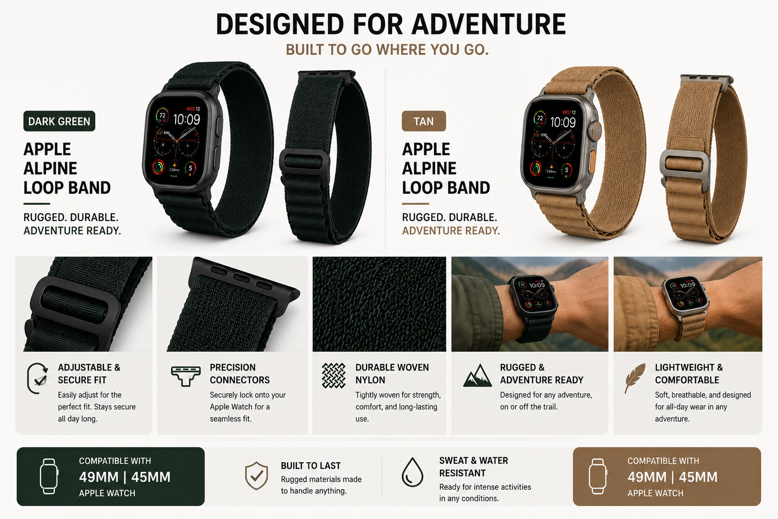 Genuine Apple Watch Band 49mm 45mm Medium Alpine Loop TAN With Titanium Finish