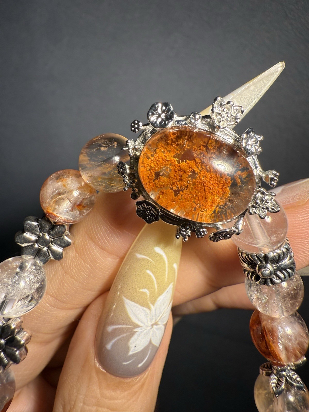 9.2mm High Grade Natural Fire Hematoid Crystal/ Phantom Crystal Charm Bracelet