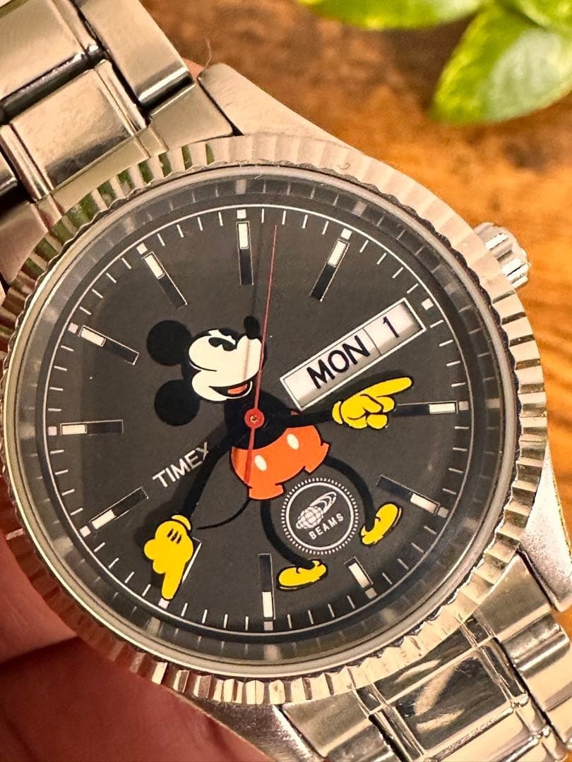 BEAMS × TIMEX Mickey Mouse Wristwatch Black/Silver Anime Manga from Japan Used