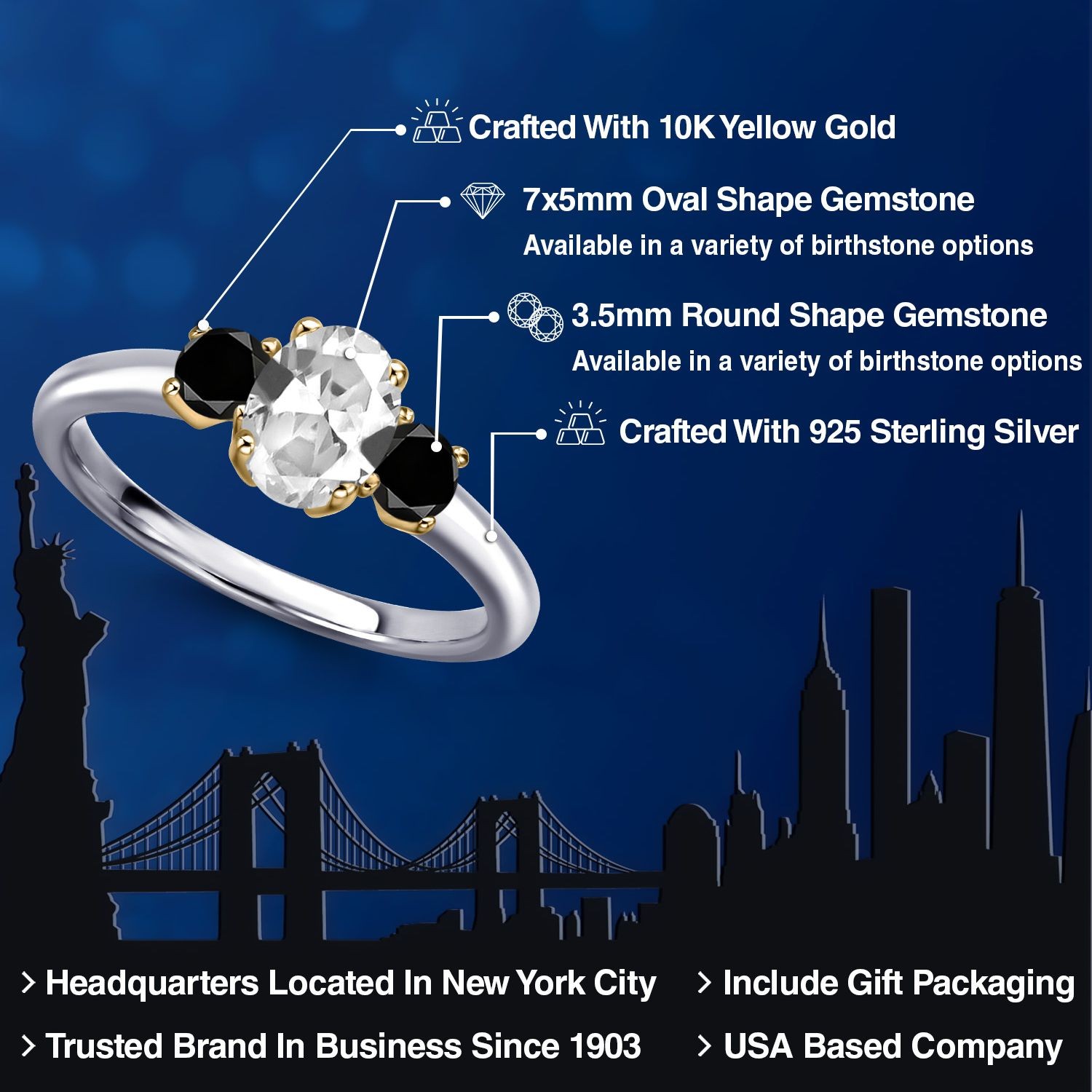 925 Silver and 10K Yellow Gold White Created Sapphire and Black Diamond