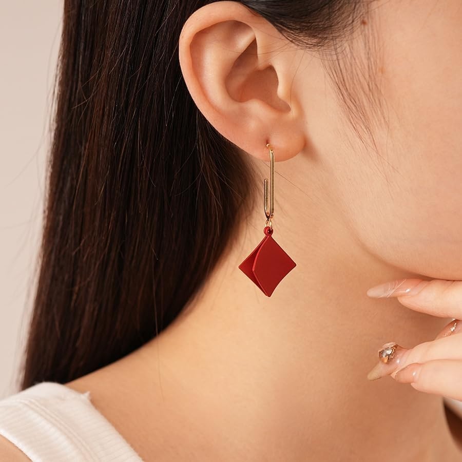Minimalist Red Rhombic Drop Earrings – Lightweight & Stylish for Every Occasion