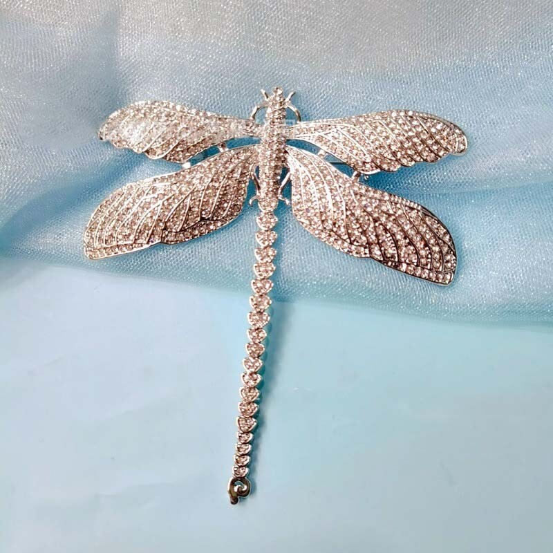 Silver Tone Luxury Dragonfly Insect Woman’s Brooch Pin Clear Rhinestone Crystal