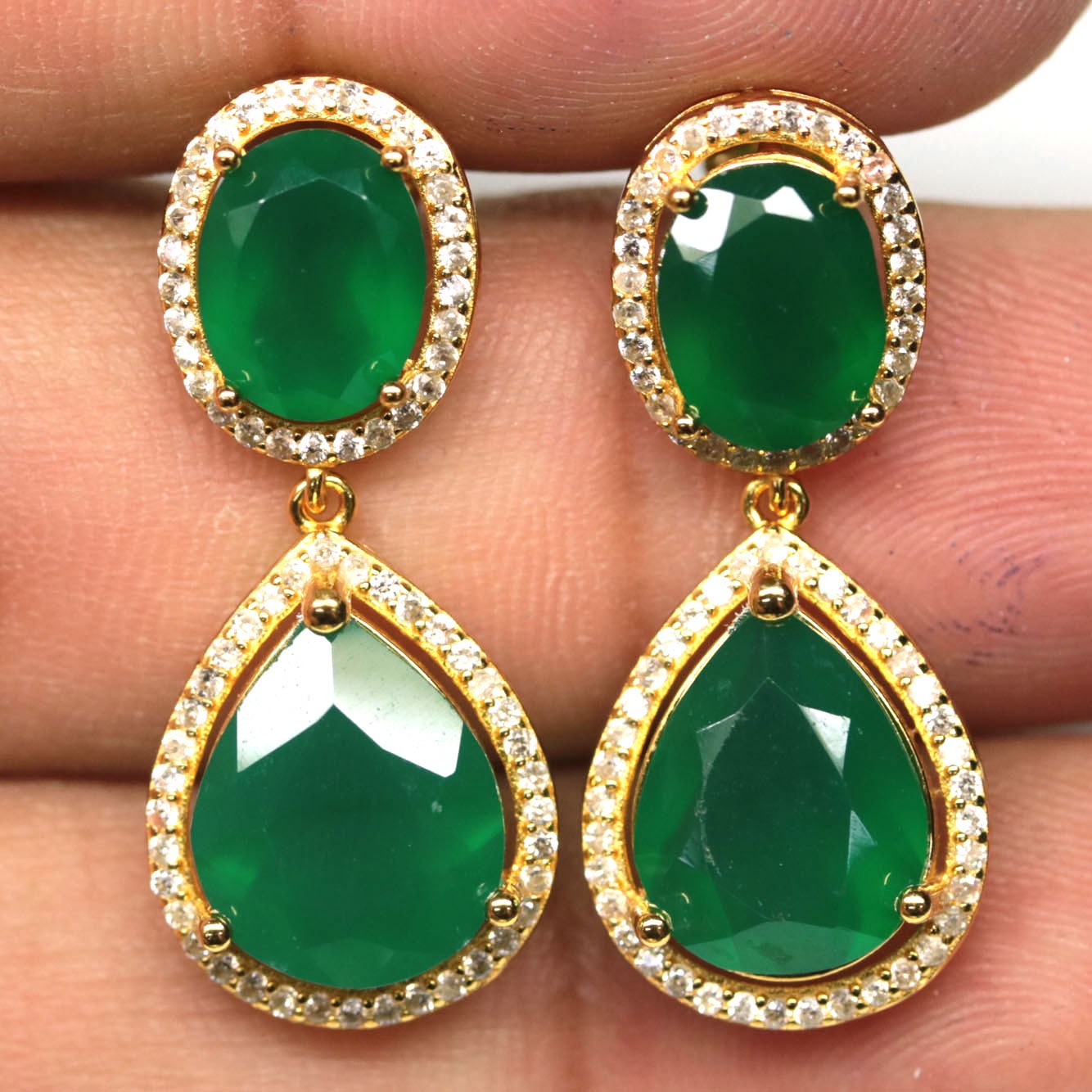 925 Sterling Silver Green Agate & Zircon Earrings White Gold Plated