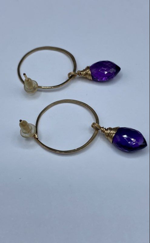 10K Yellow Gold Amethyst Briolette Hoop Dangle Earrings 2.4g 1.5″