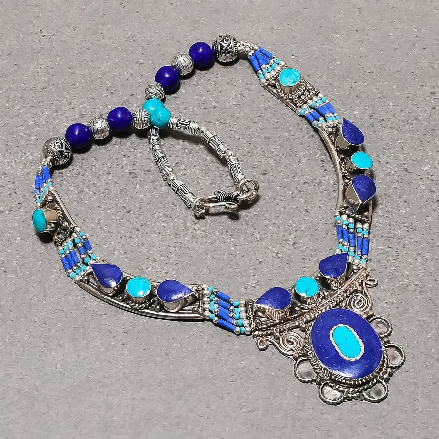 Turquoise Lapis Lazuli Gemstone Necklace Tibetan Nepali Vintage Jewelry 18″ N116