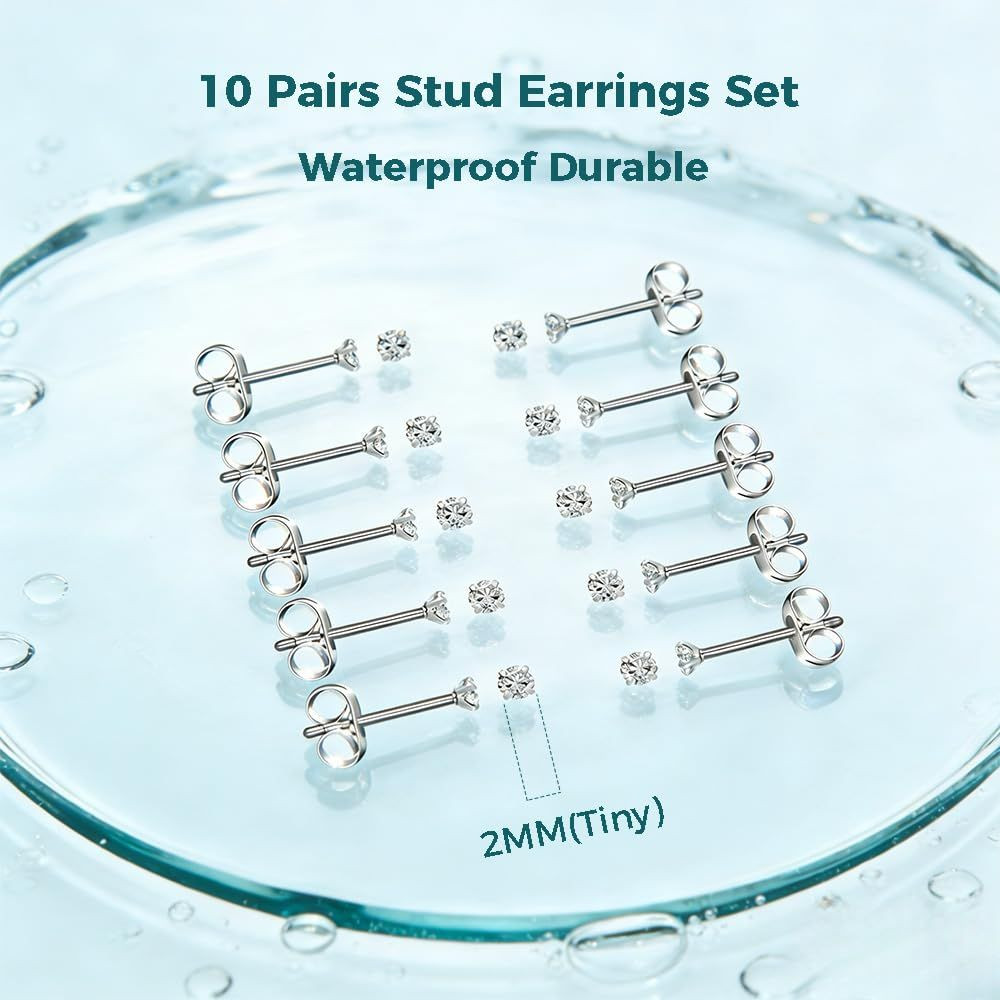 2mm Small Stud Earrings for Women Clear Cubic Zirconia 2mm, 2mm-10 Pairs