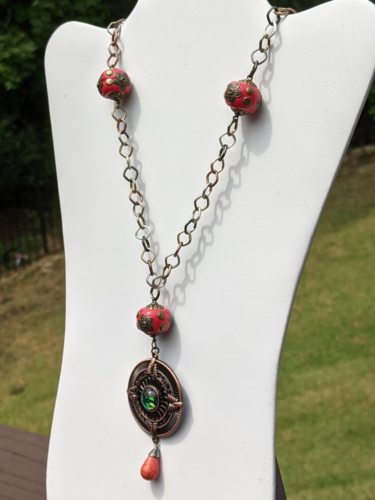 Copper Medallion on a Long Tri-colored Chain Necklace
