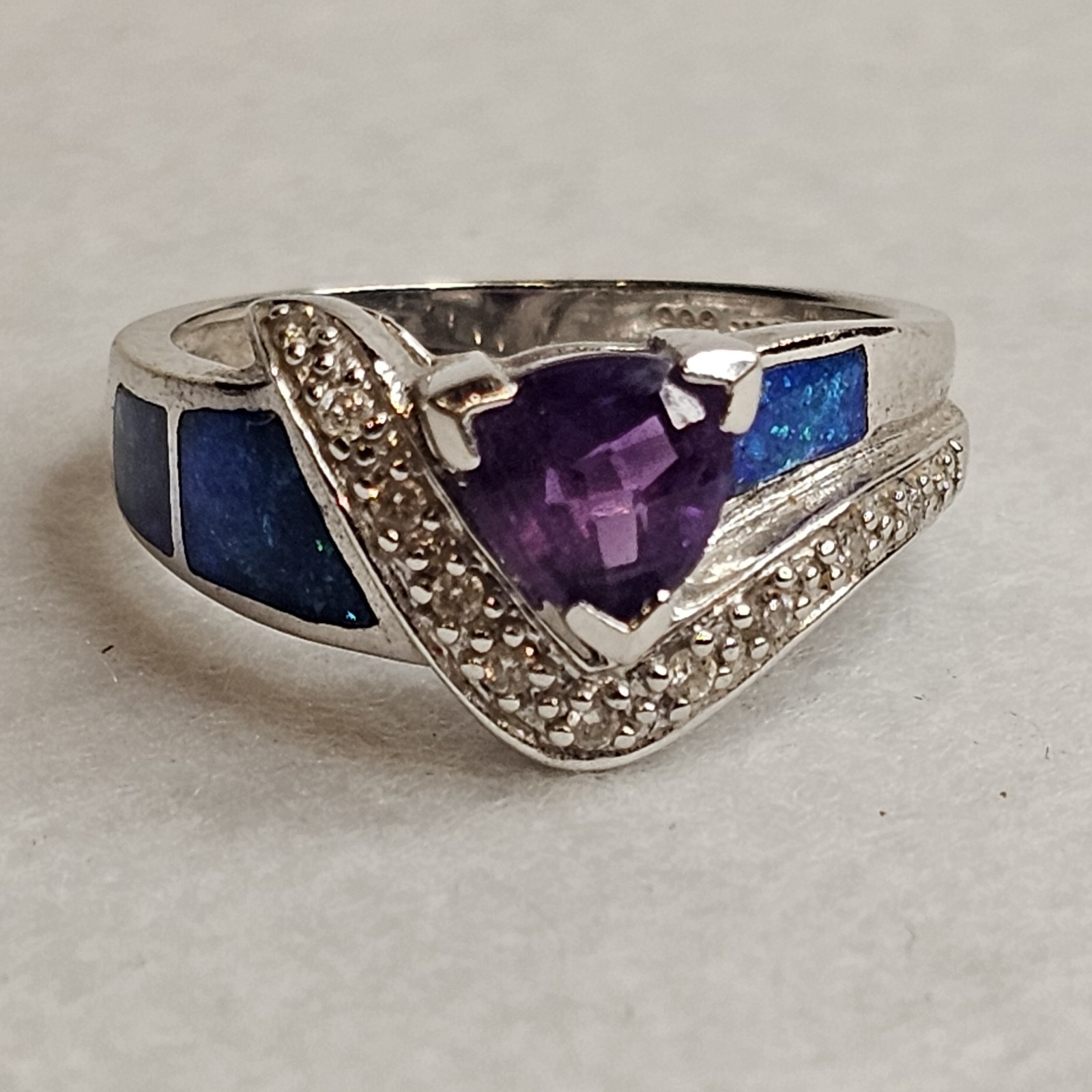 14K White Gold Amethyst Diamond Opal Inlay Ring Designer Style Estate Sz 6.25