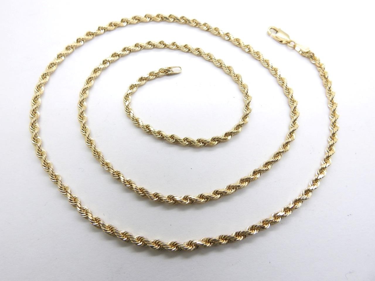 14K Solid Yellow Gold Rope Chain Necklace 15.6 Grams 2.65 mm 22.5″ Inch