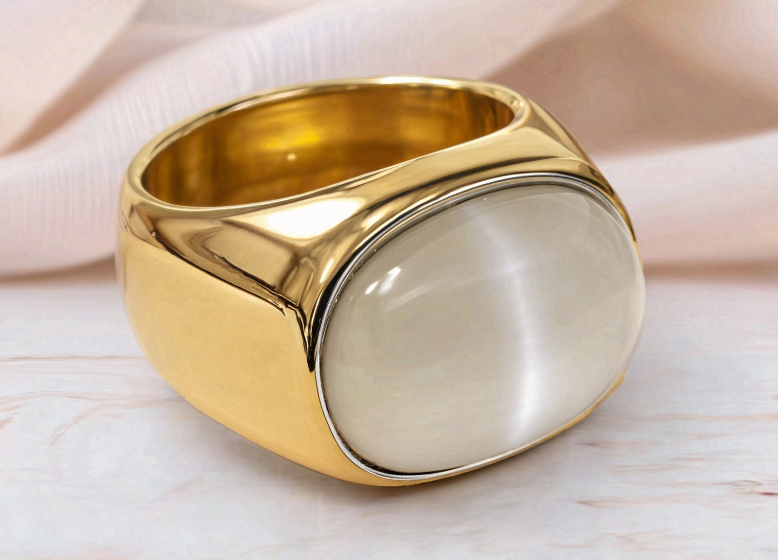 Gold Stainless Steel Howlite Ring Handmade Statement Cushion Signet Fashion