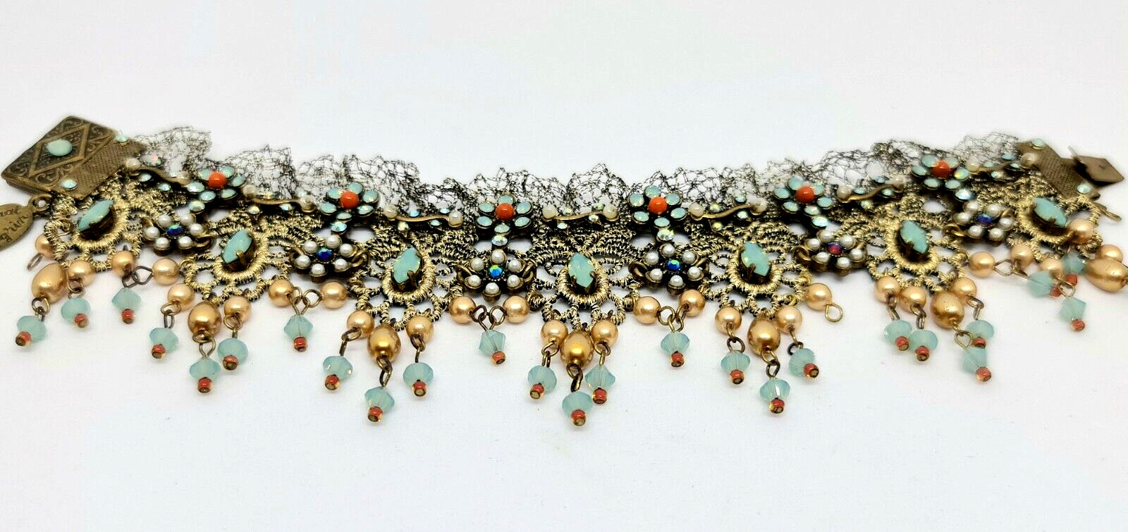 Lovely Michal Negrin Fabric Lace Bracelet Crystal Flowers Unique.