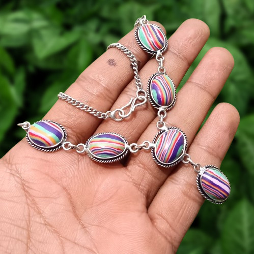 Buy Rainbow Calsilica Gemstone Chain Neckless 925 Sterling Silver Plated Jewelry