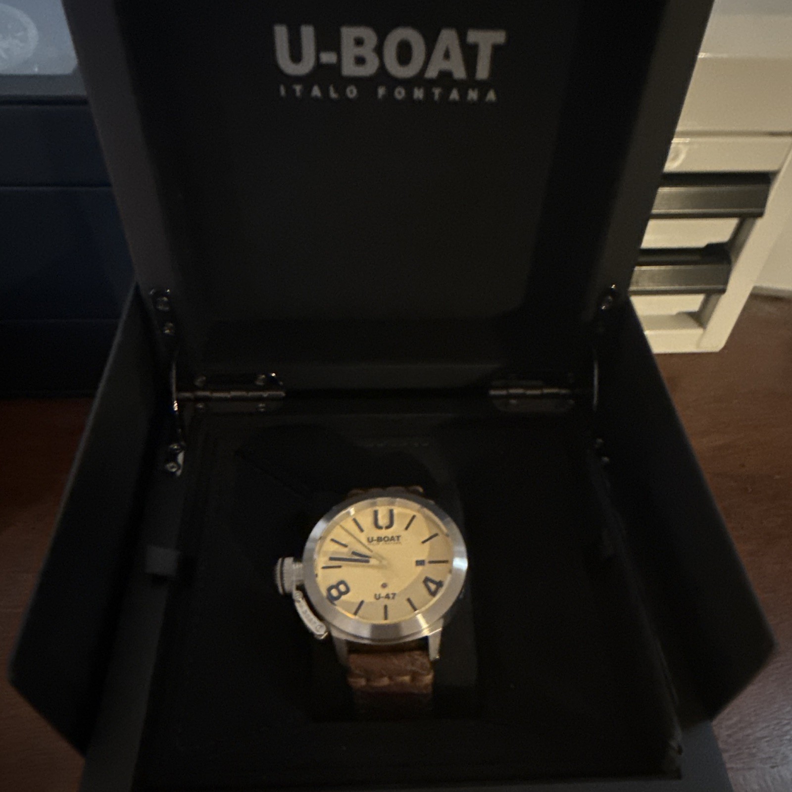 U-BOAT U-47 Men’s Automatic Analog Watch Beige Dial Brown Leather Date Box