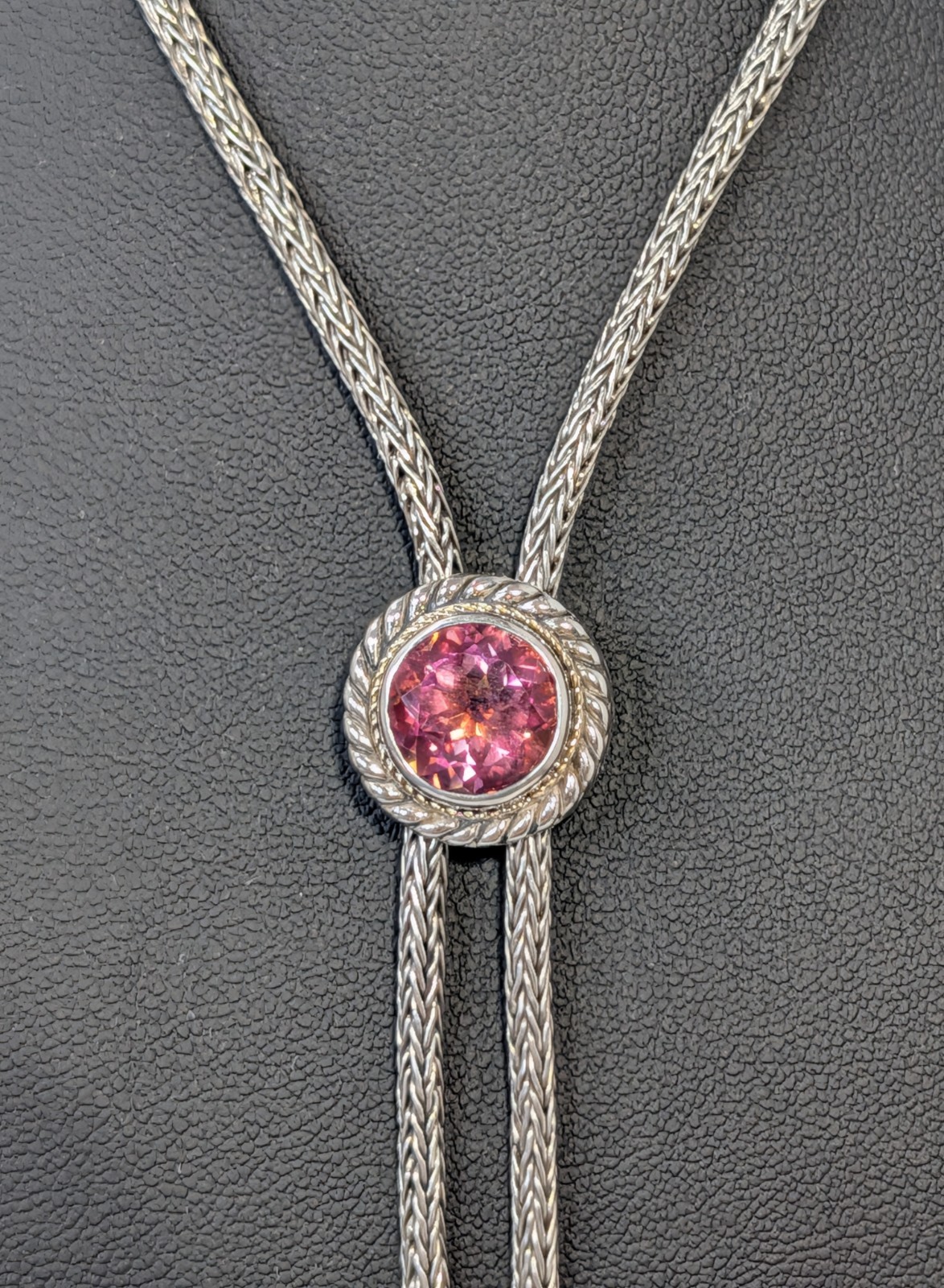 ** (NOS) Bali Designs Pink Quartz Cable Slide Bolo Necklace (28″,~40g) AR-64