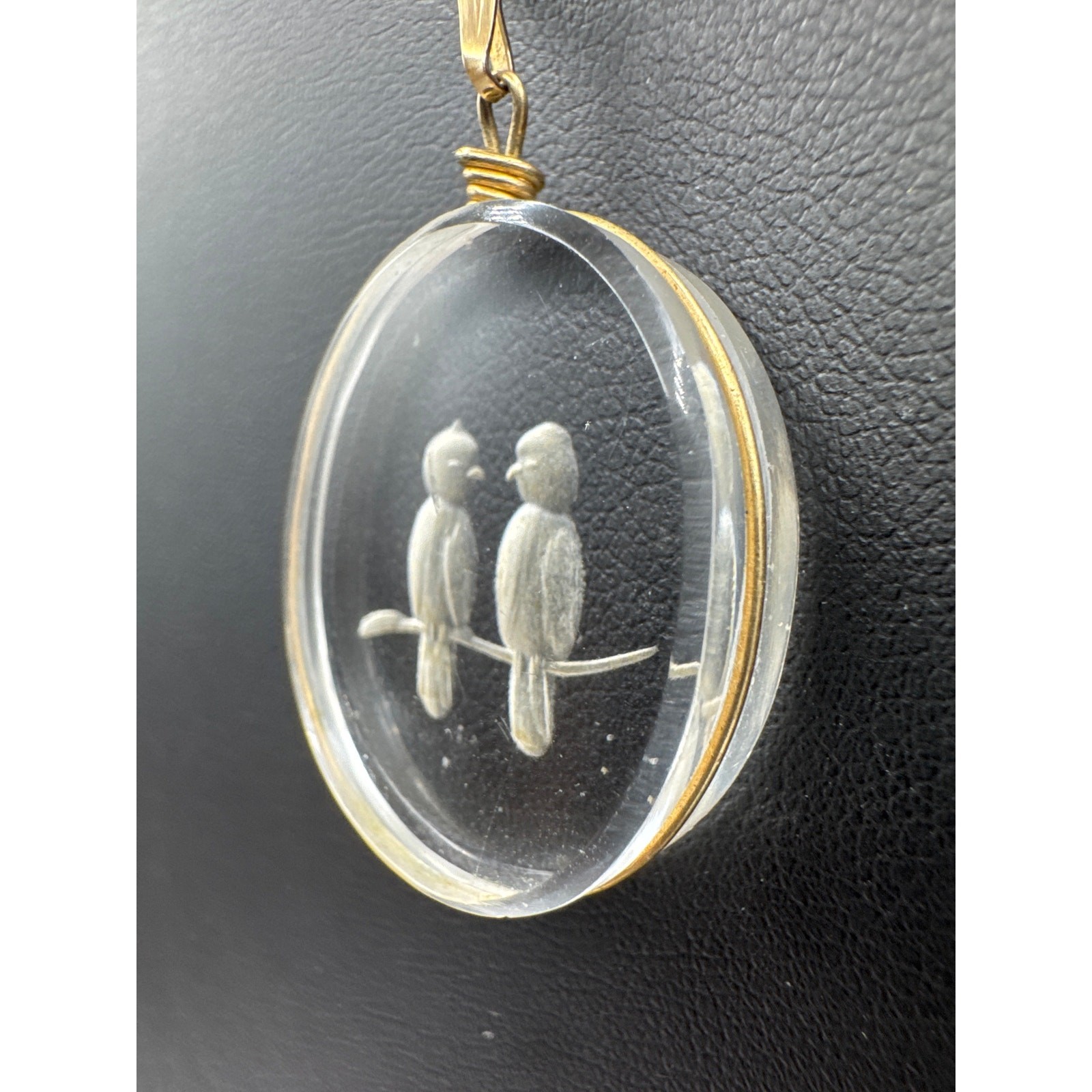 Vintage Gold Filled Intaglio Glass Clear Bird Pendant Chain Necklace