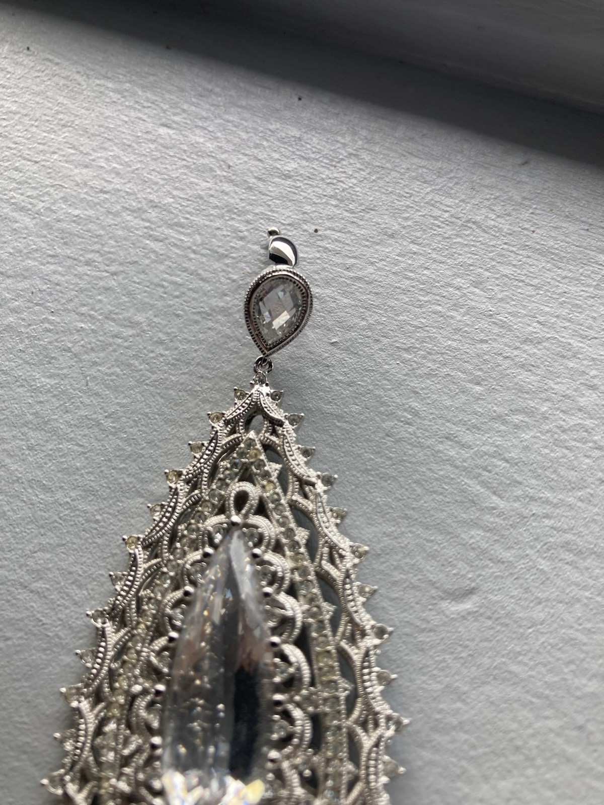 Big, Ornate Wedding Cocktail Party Teardrop Silver Pendant. Gem. Clip Bale.