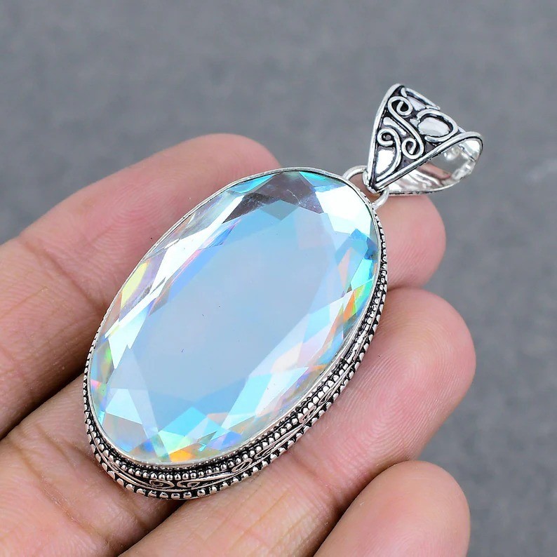 Rainbow Mystic Topaz Gemstone Pendant 925 Sterling Silver Handmade Jewelry