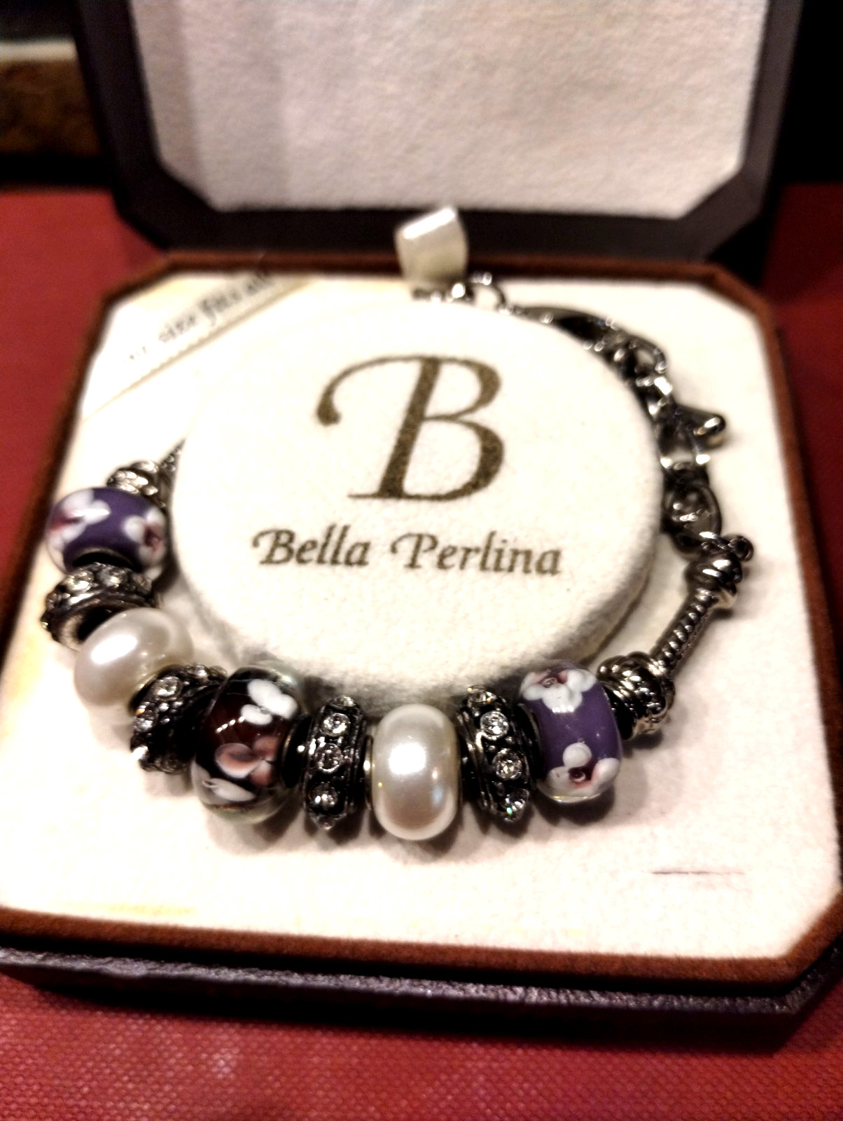 Bella Perlina Purple Glass White Freshwater Pearl Silver Tone Charm Bracelet