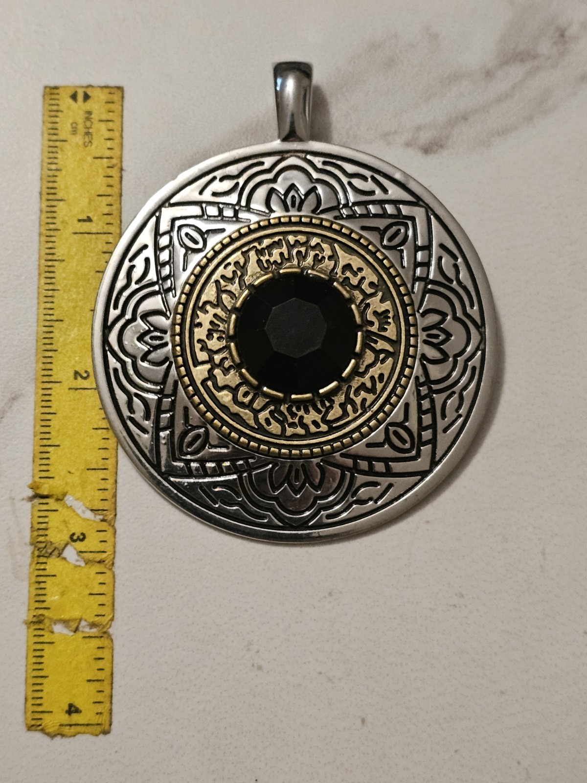 Premier Designs Mesa Enhancer/Pendant Medallion Silver Brass Black Center Stone