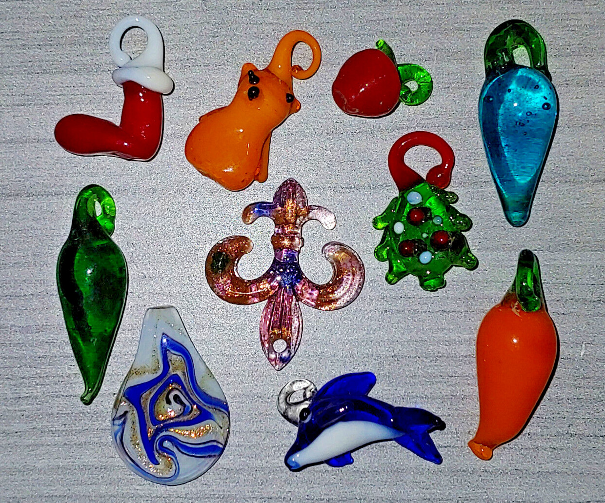 10PC. Lampwork Glass Pendants Charms Multi Color Apple Teardrop Dolphin & More