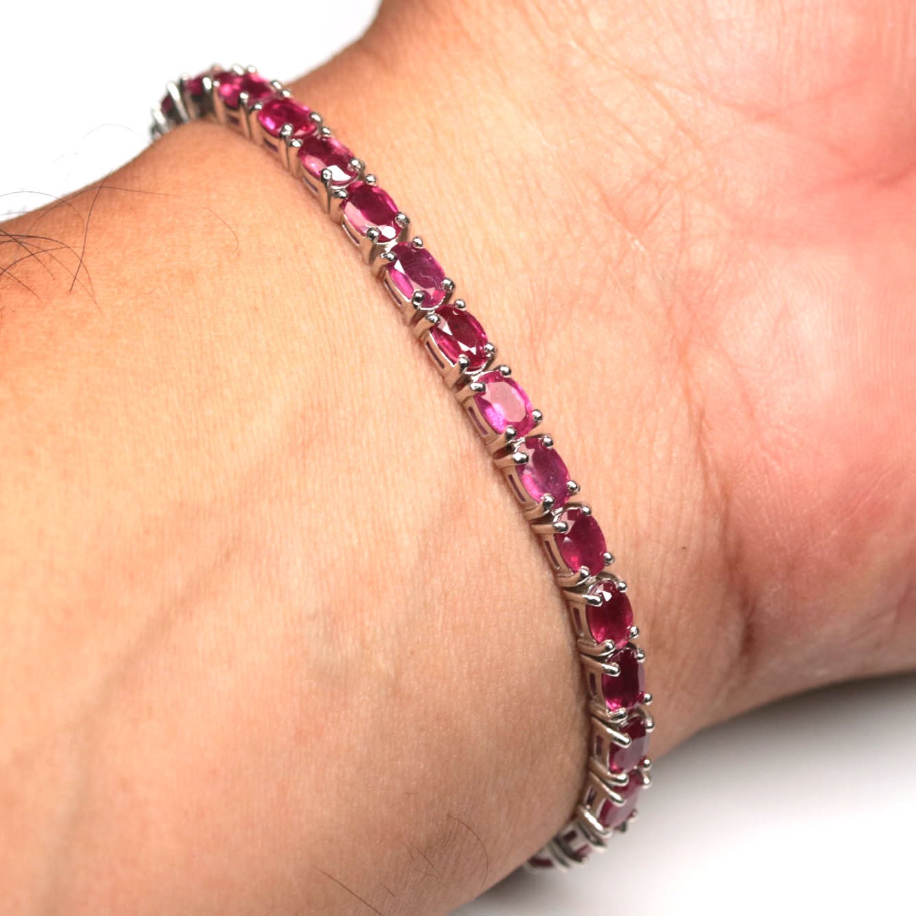 925 Sterling Silver Red Ruby Bracelet 7.25 in White Gold Plated