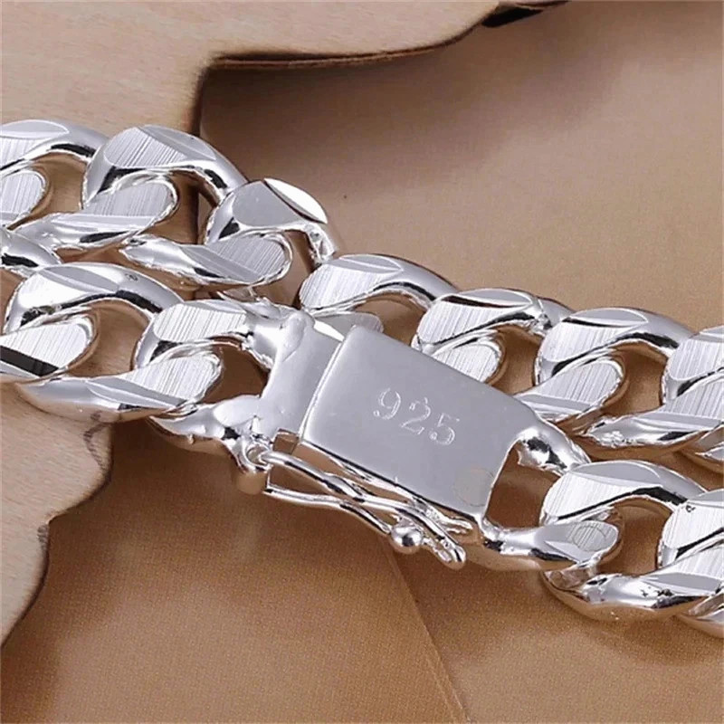 925 Sterling Silver Color Bracelet for Men Jewelry Heavy Thick Cuban Link Chain*
