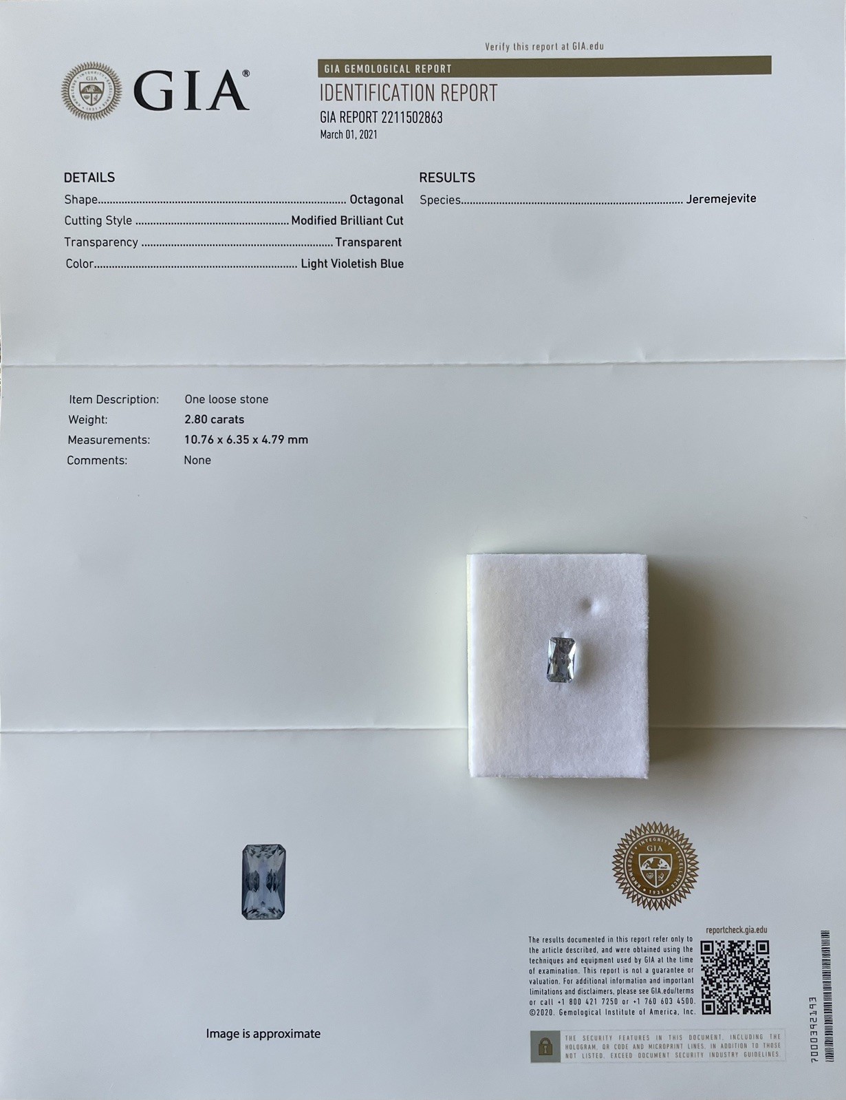 2.80 ct Light Violetish Blue Jeremejevite. GIA certificate. Unheated Untreated
