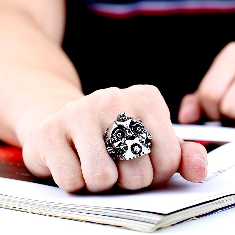 Transformer Robot Style Stainless Steel Ring Men’s Biker Statement Silver Tone