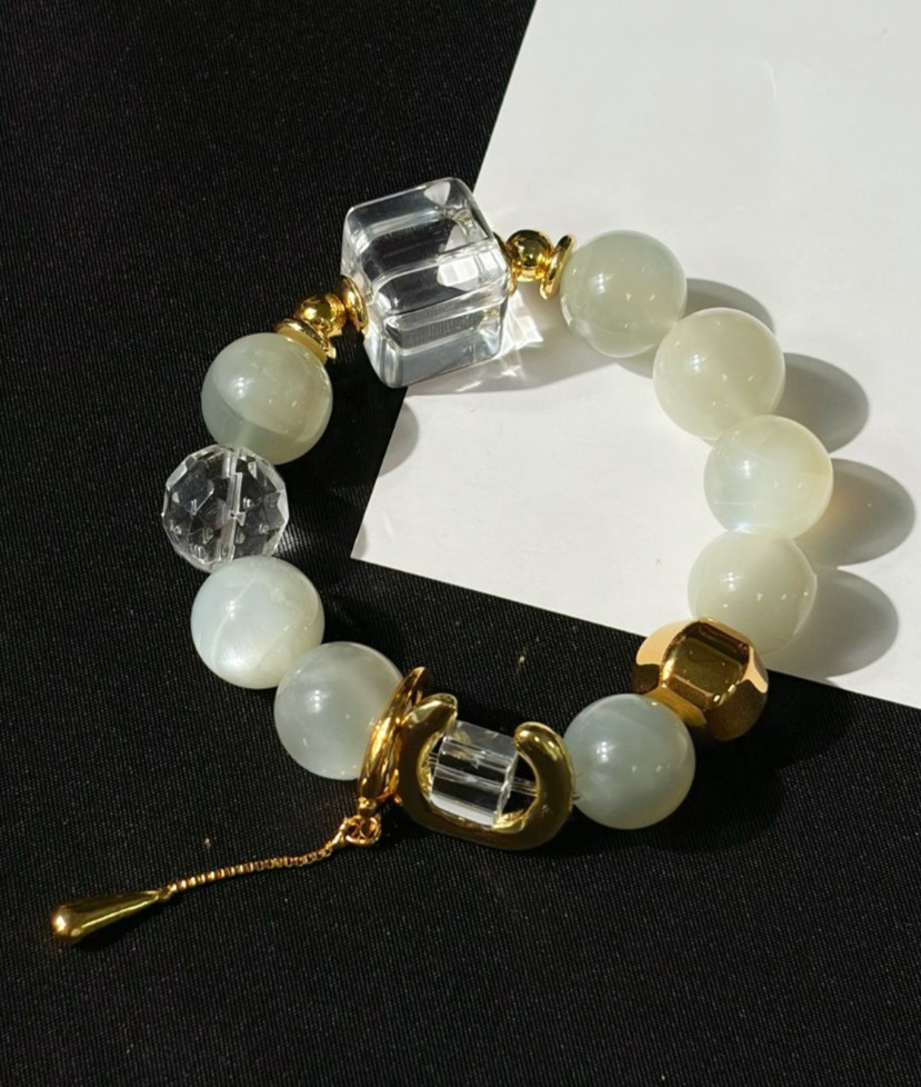 LUSA FEELA Natural Green Moonstone Clear Crystal Stretch Bracelet Gift