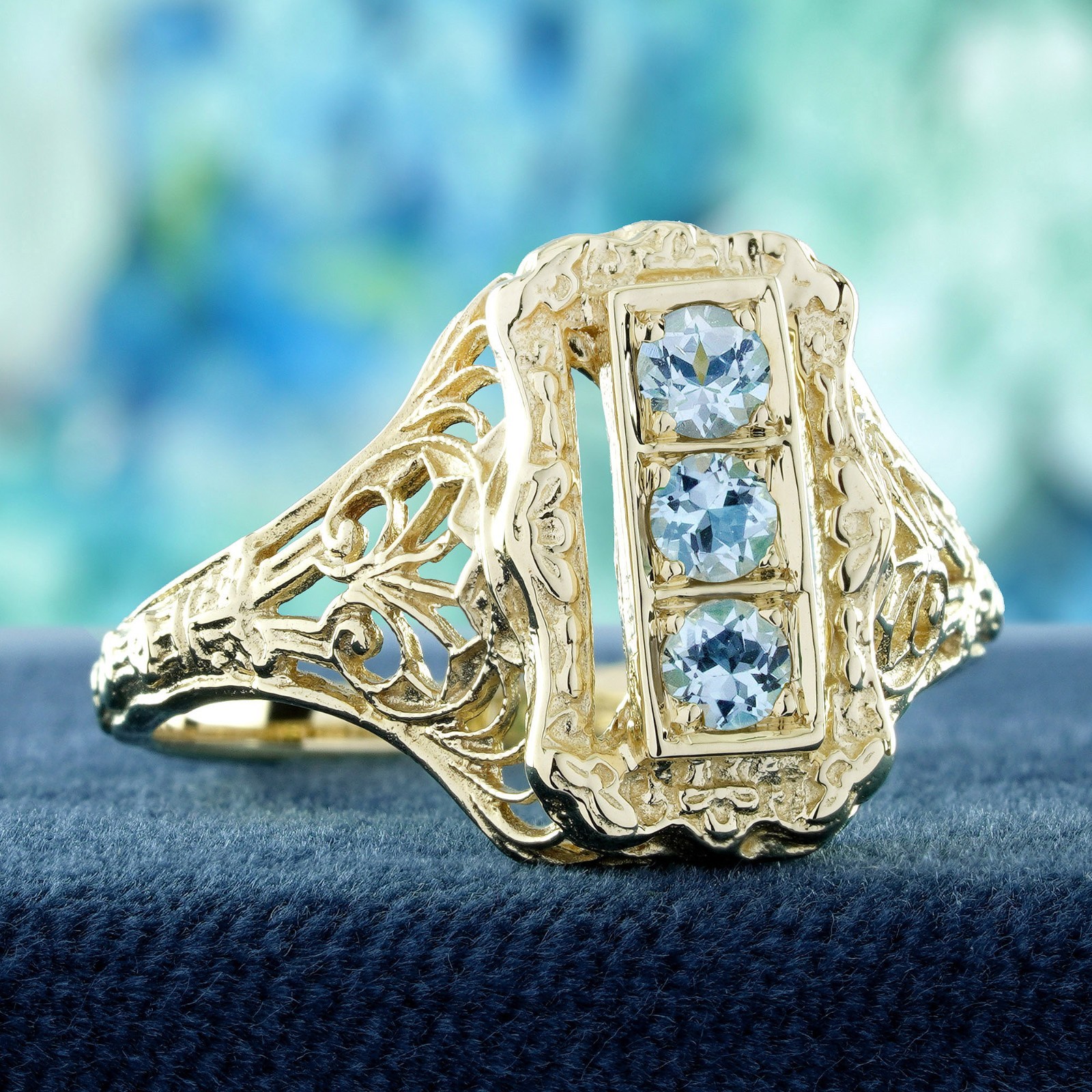 9K Yellow Gold Solid Natural Blue Topaz Vintage Style Three Stone Filigree Ring