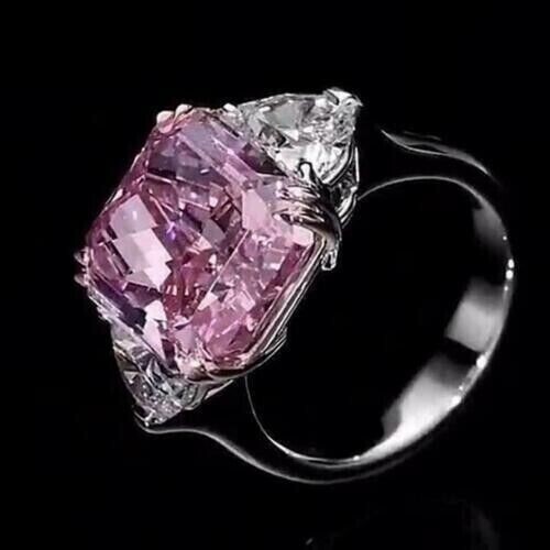 4Ct Ascher Cut Pink Sapphire Lab Created Engagement Ring 14K White Gold Plated