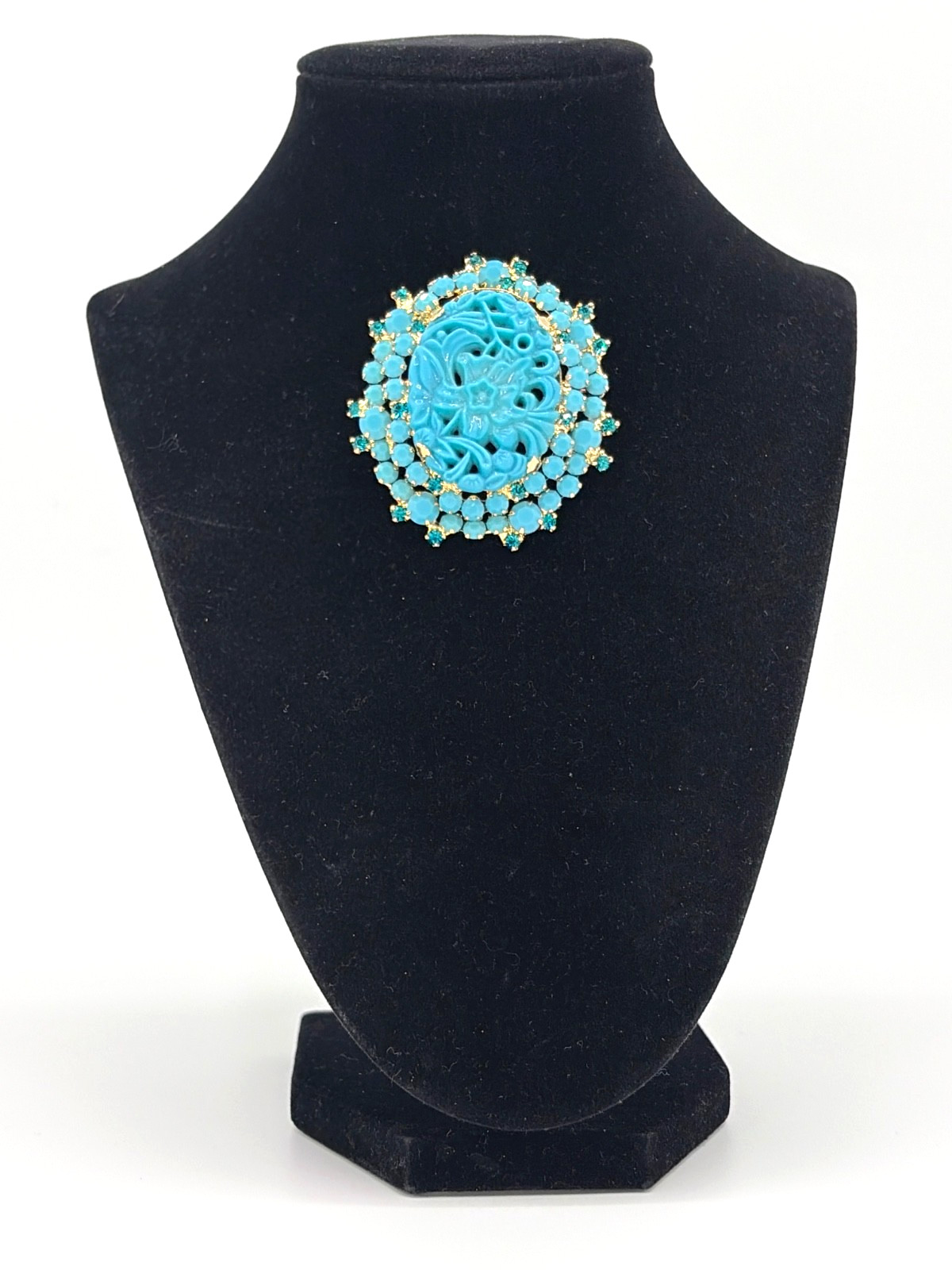 JULIANA D&E Molded Turquoise Glass & Rhinestone Flower Brooch Reference #484